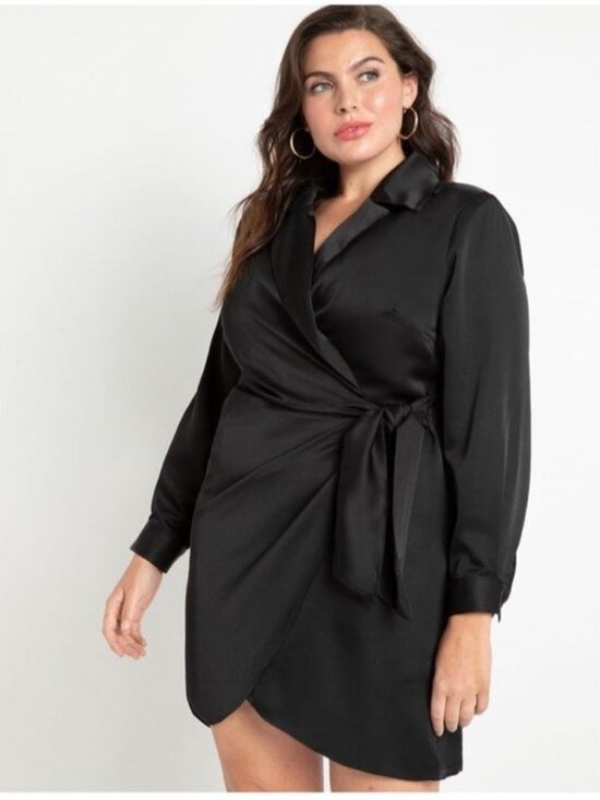 Eloquii Dresses & Skirts - Eloquii Black Satin Long Sleeve Shirt Wrap Dress Plus Sz 22 Lapel Collared Mini